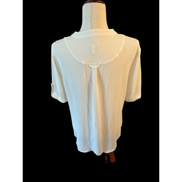 Chico's 1 Blouse Beige Cream Button Front Short Sleeve Blouse Mandarin Collar - Picture 3 of 13